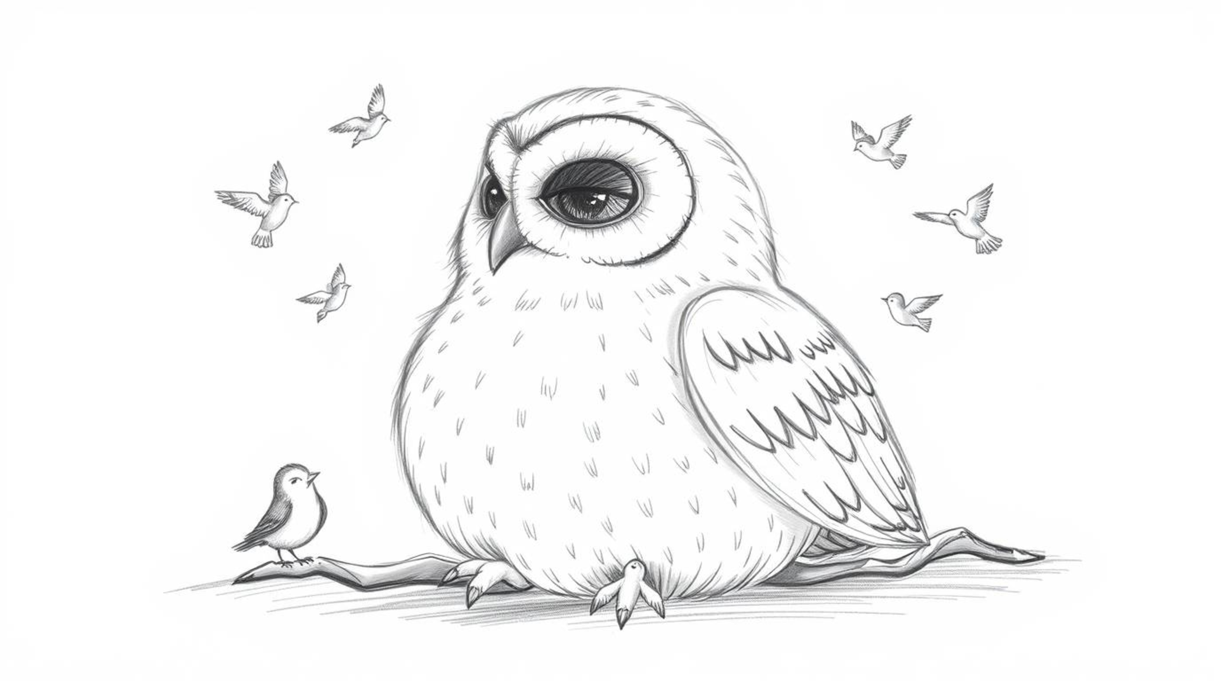 A whimsical hand-drawn pencil sketch in the style of Pixar depicts a blind owl with soft, feathery texture, resting peacefull