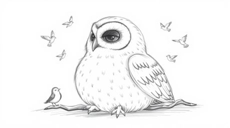 A whimsical hand-drawn pencil sketch in the style of Pixar depicts a blind owl with soft, feathery texture, resting peacefull