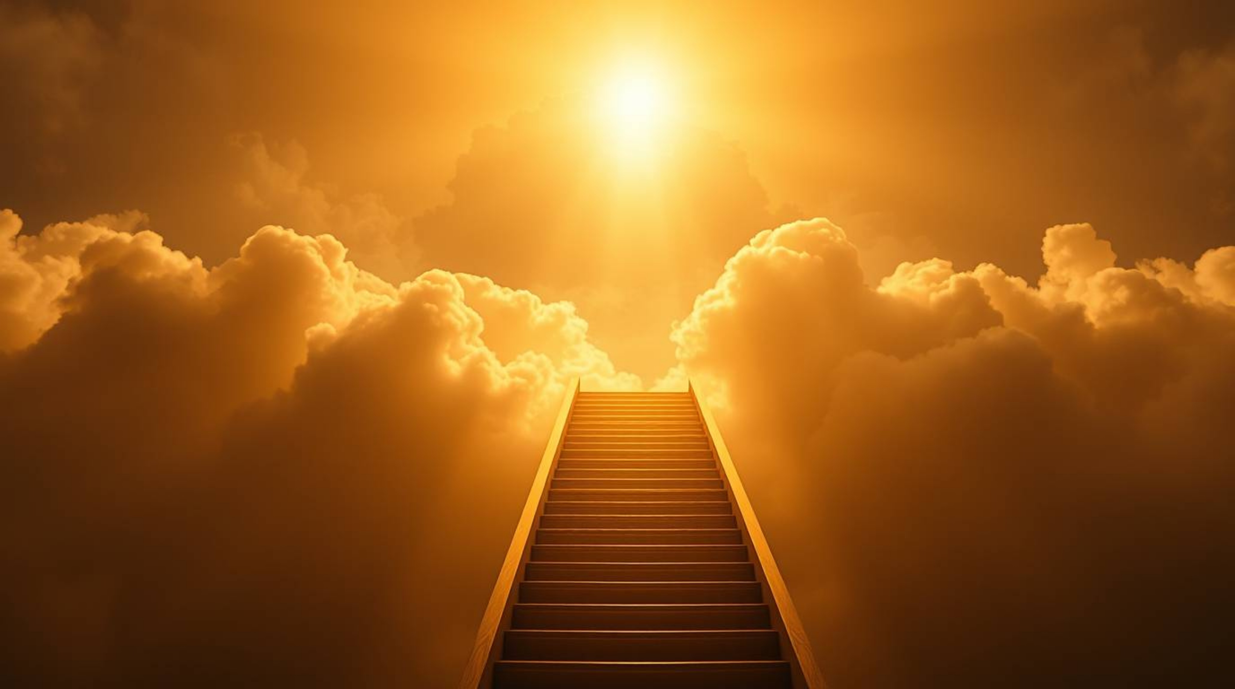 A breathtaking professional photograph depicts a golden staircase ascending through soft, ethereal clouds towards a glowing h