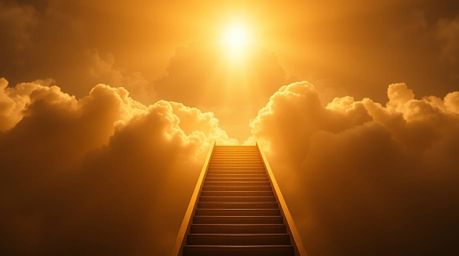 A breathtaking professional photograph depicts a golden staircase ascending through soft, ethereal clouds towards a glowing h