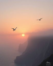 A gentle, soft, and dreamy sunset unfolds over a coastal cliff scene, rendered in beautiful soft pastel colors. Soaring birds