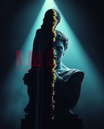 A dramatic, cinematic image featuring a classical sculpture with a vibrant glitch effect.  Intense lighting and a distinct sp