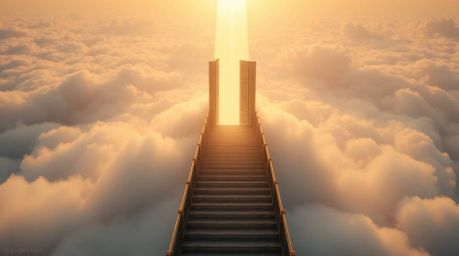 A stunning overhead, long exposure shot depicting a heavenly gate floating above the clouds, with ethereal stairs leading upw