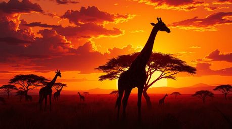 Experience a breathtaking isekai-inspired savanna sunset. This cinematic scene features dramatically lit silhouetted giraffes