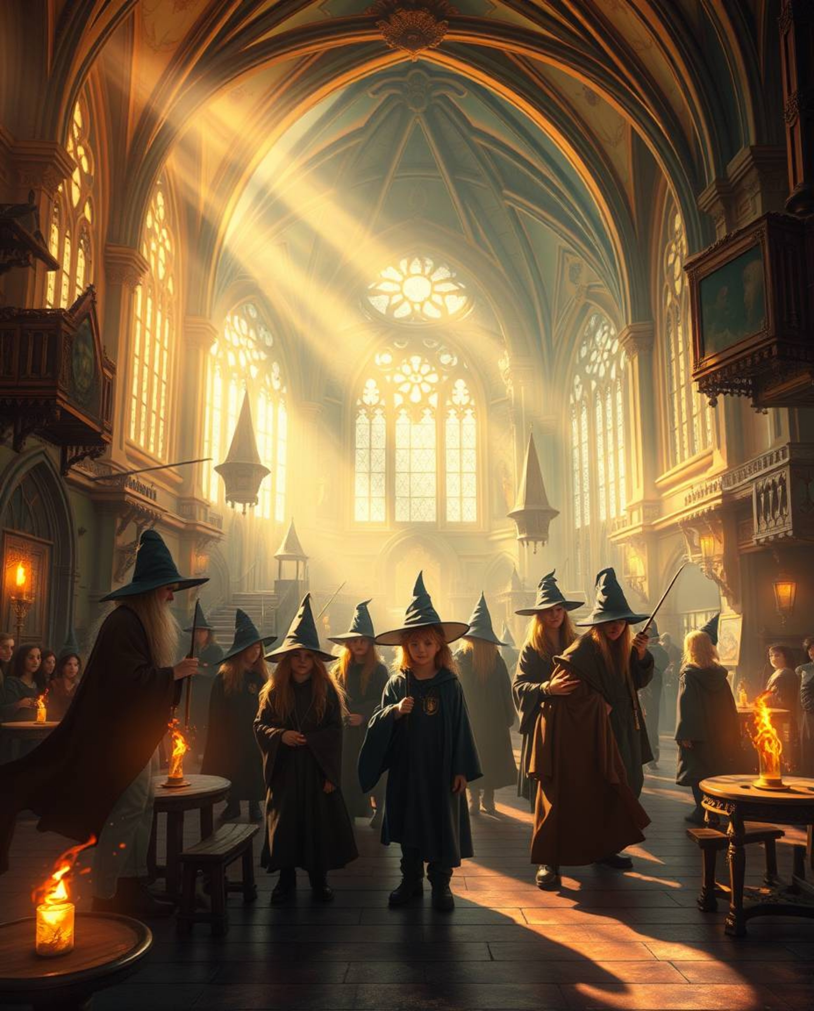 Enter a magical school brimming with young wizards, bathed in a warm, golden glow. This luxurious and mystic setting is rende