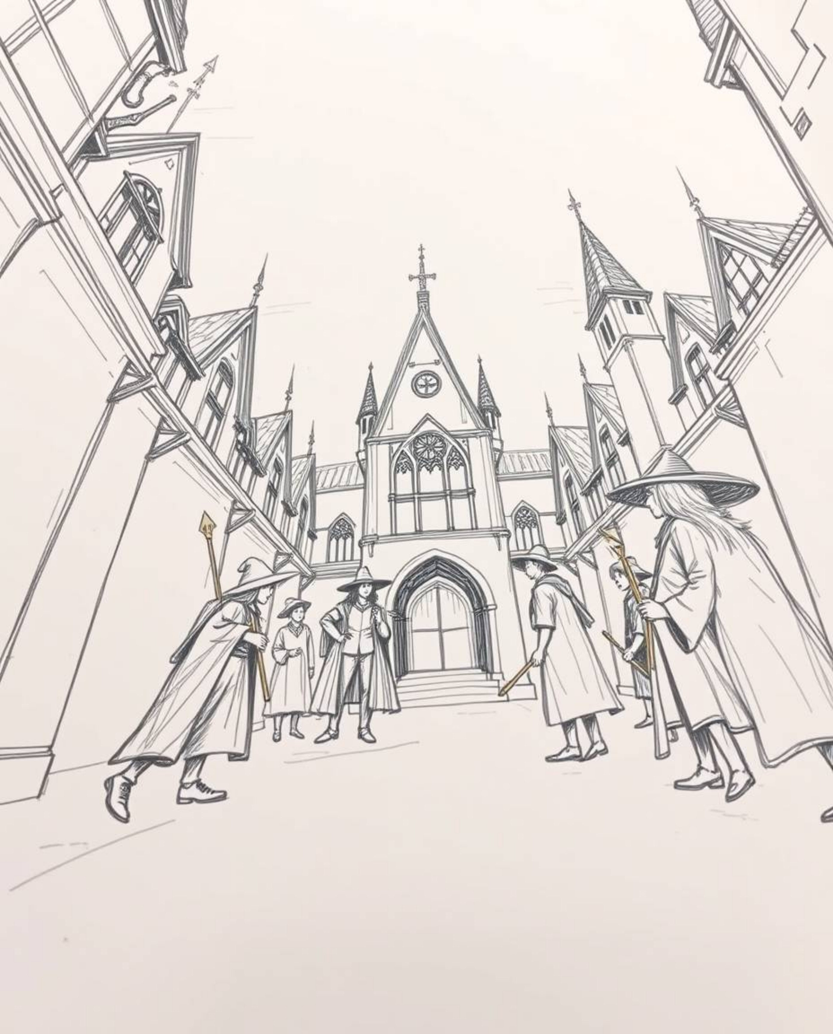 A captivating hand-drawn sketch depicts a majestic magical school brimming with young wizards.  The low-angle perspective emp