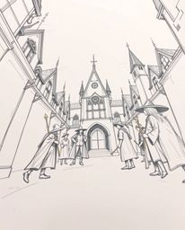 A captivating hand-drawn sketch depicts a majestic magical school brimming with young wizards. The low-angle perspective emp