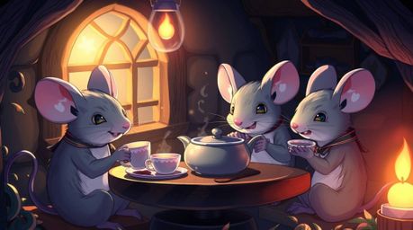 A captivating Isekai-style illustration depicts anthropomorphic mice enjoying a tea party within a cozy cottage.  The artwork