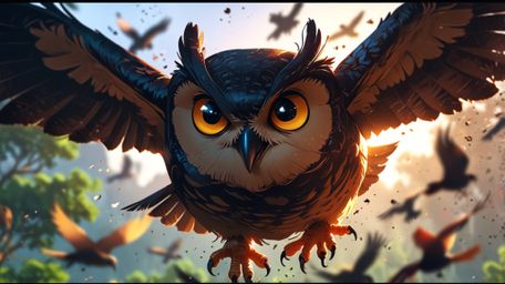 A breathtaking and emotive scene, created in a beautiful Pixar and anime style, captures the silhouette of a blind owl flying