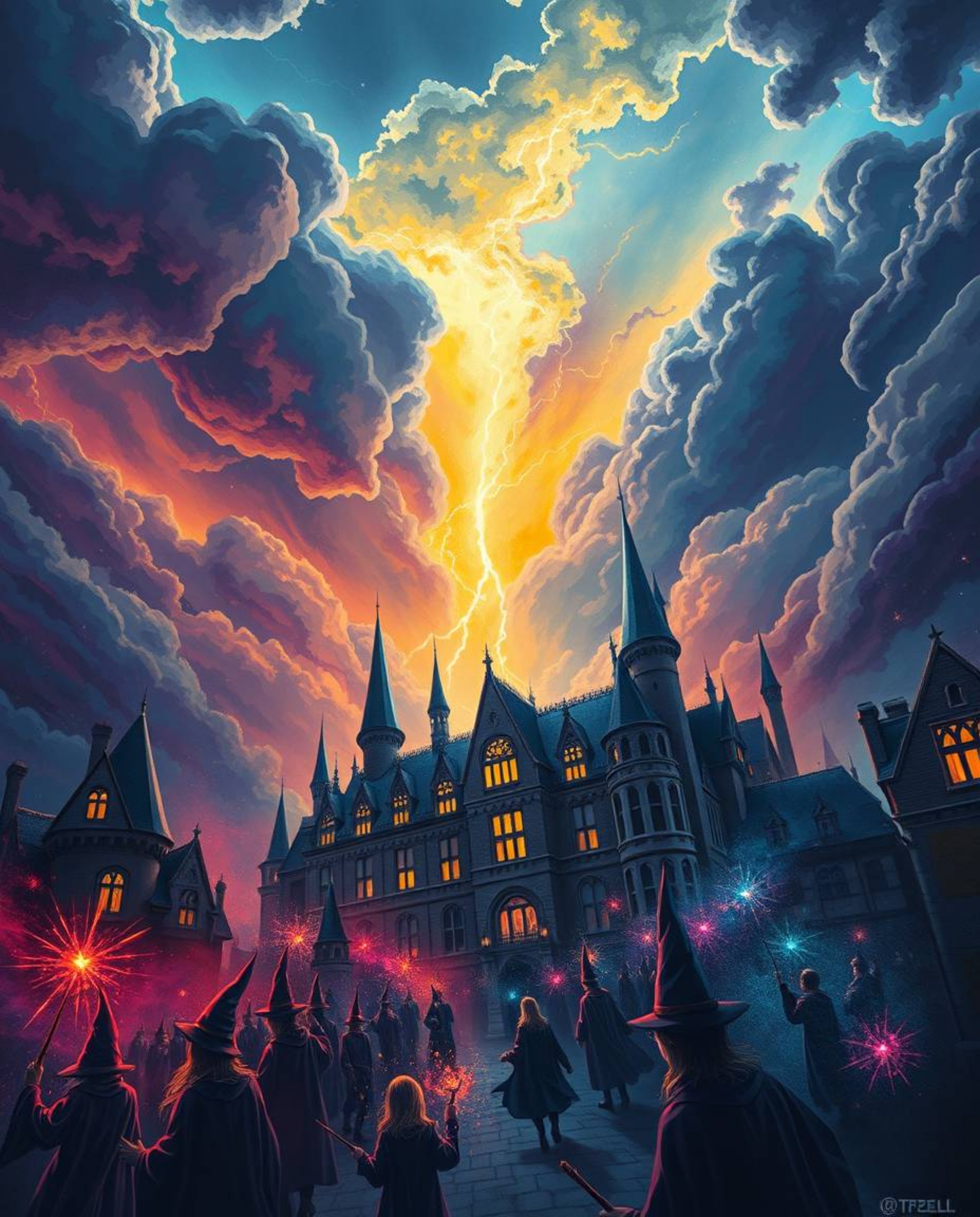 Experience an intense and dramatic scene set within a magical school, rendered in vivid electric colors against a tumultuous,