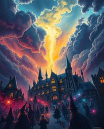 Experience an intense and dramatic scene set within a magical school, rendered in vivid electric colors against a tumultuous,