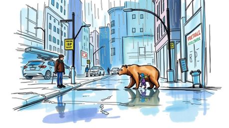 Experience the charm of a hand-drawn sketch featuring a bear family embarking on an urban adventure. Cool blues, greens, and 