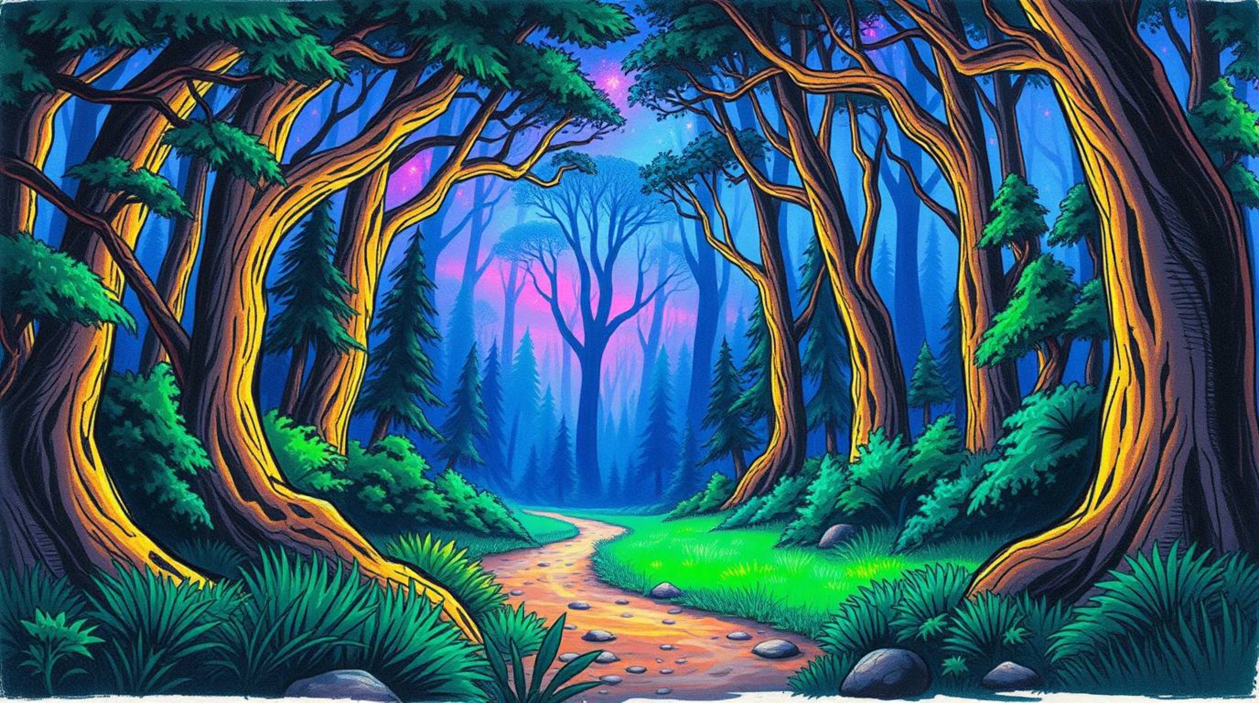 Explore a vibrant and enchanting hand-drawn color sketchnote depicting a thrilling chase through a looping forest background.