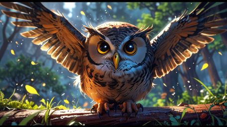 In a captivating blend of Pixar and anime aesthetics, this artwork portrays a wise blind owl teaching other birds to fly thro