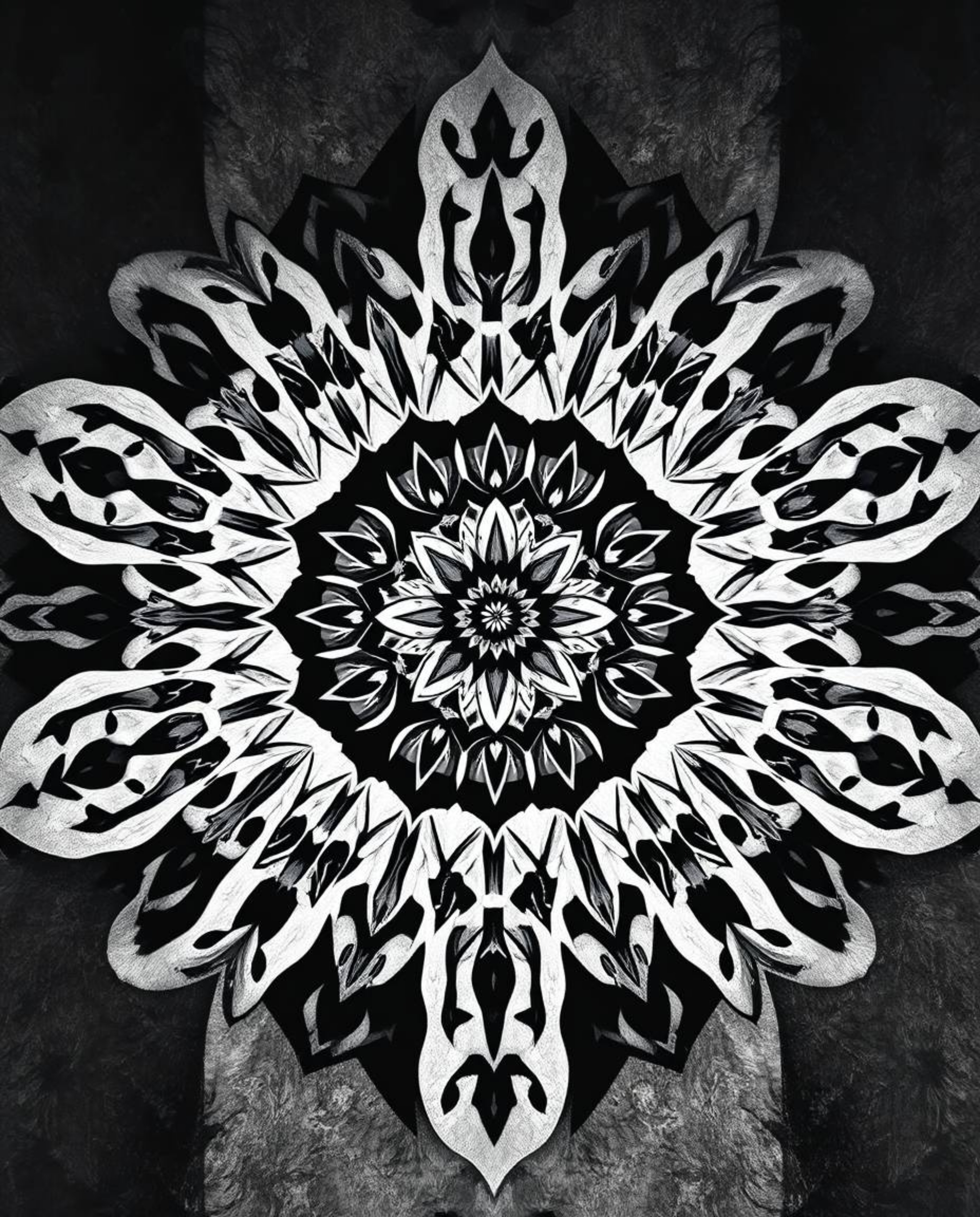 A high-angle, classic black and white photograph capturing a geometric floral mandala.  This image showcases vibrant colors a
