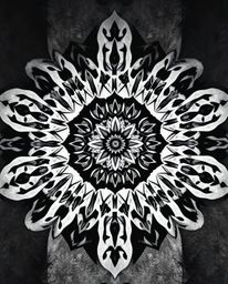 A high-angle, classic black and white photograph capturing a geometric floral mandala.  This image showcases vibrant colors a