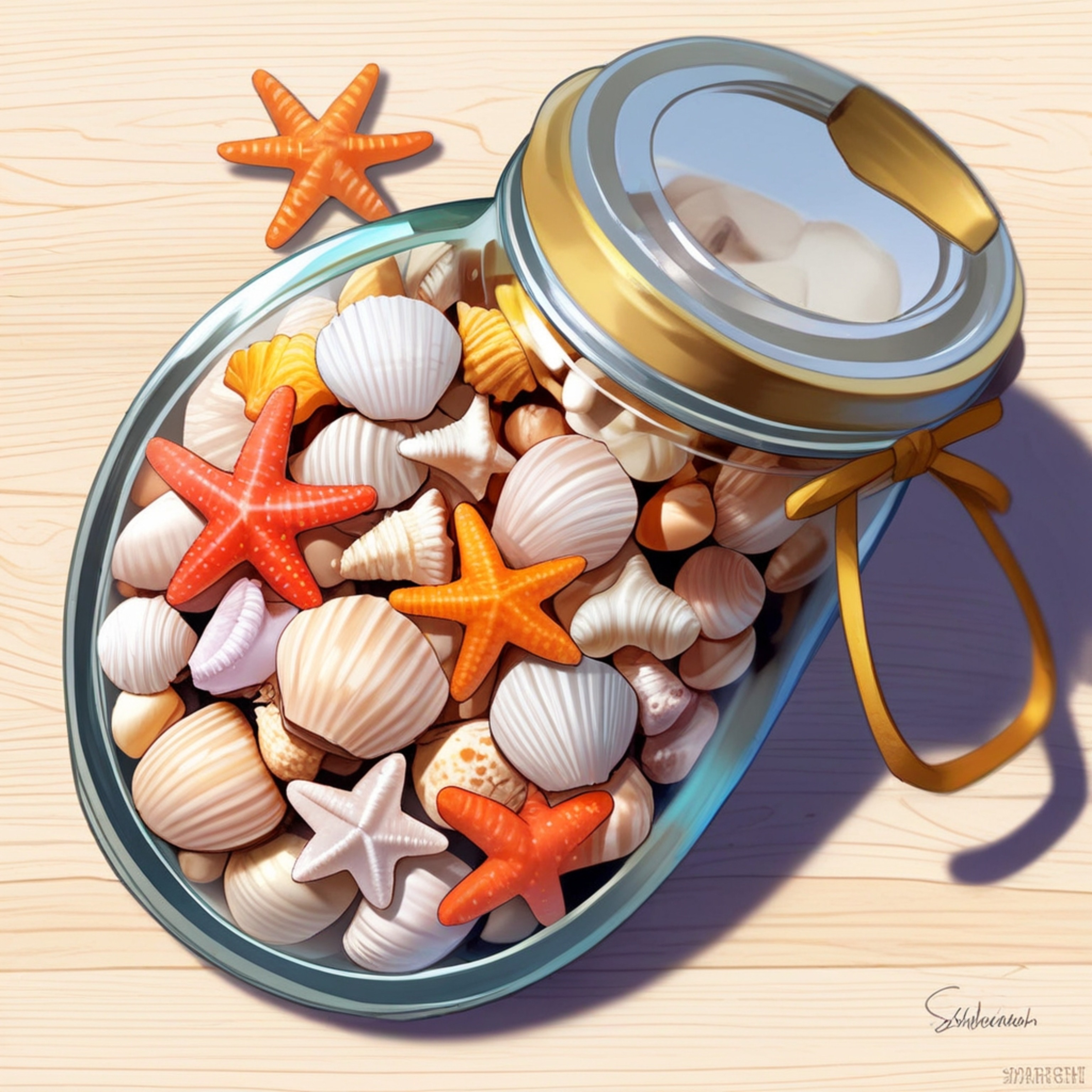 This image features a charming collection of seashells and starfish, carefully arranged inside a clear glass jar placed on a