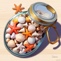This image features a charming collection of seashells and starfish, carefully arranged inside a clear glass jar placed on a