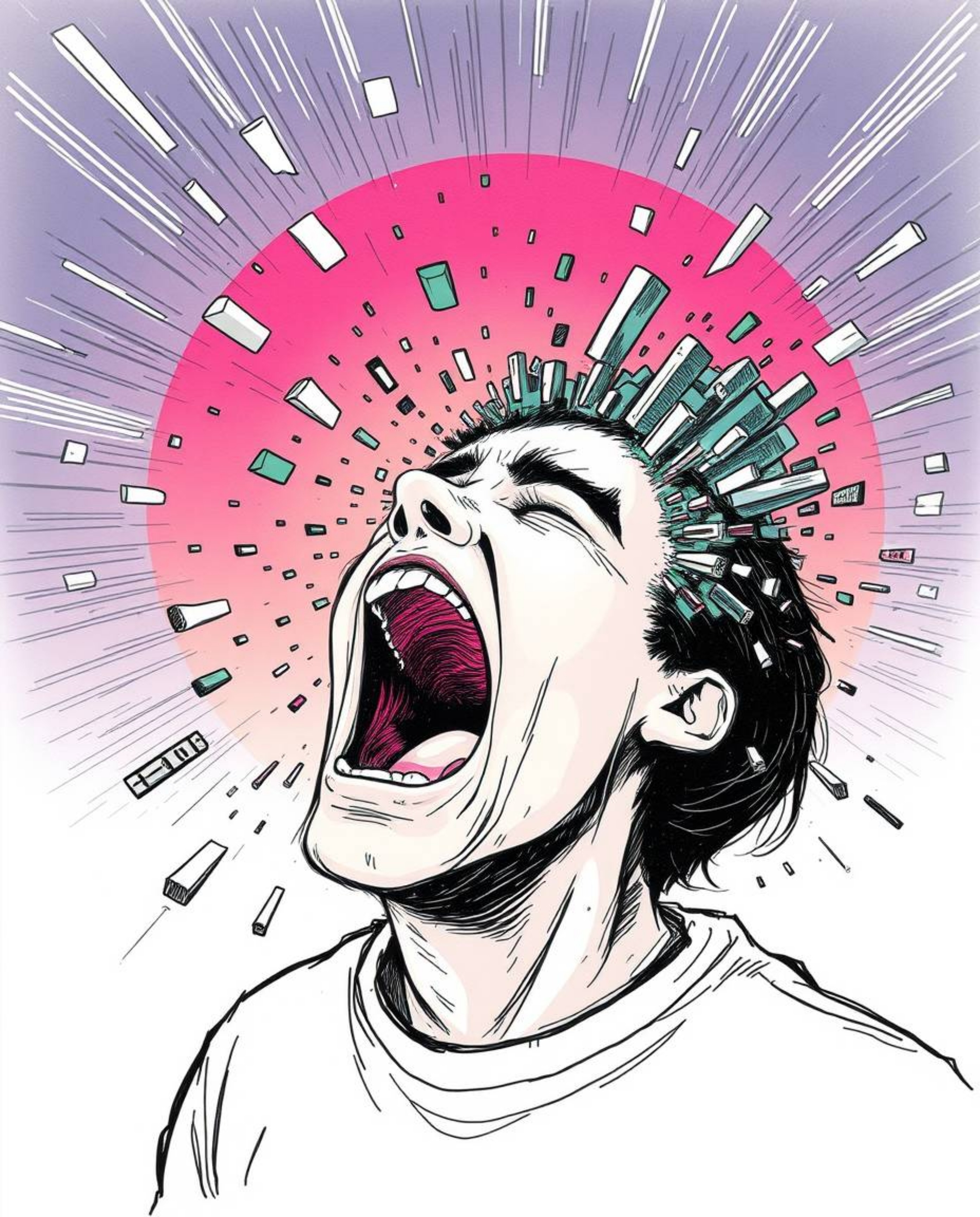 A captivating hand-drawn illustration depicts a person screaming as their world dramatically dissolves into vibrant pixels.  