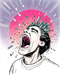 A captivating hand-drawn illustration depicts a person screaming as their world dramatically dissolves into vibrant pixels.  