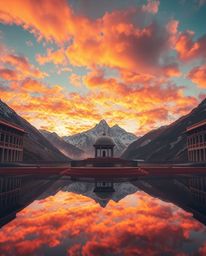 This is a precise architectural color photograph that brilliantly showcases a seamless gradient transition of fiery clouds re