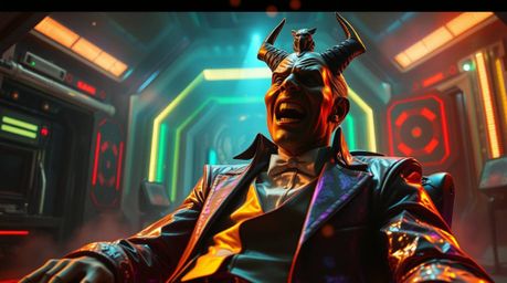 Experience a scene where iridescent reflections dance and shimmer as a villain undergoes a hilarious breakdown within the con