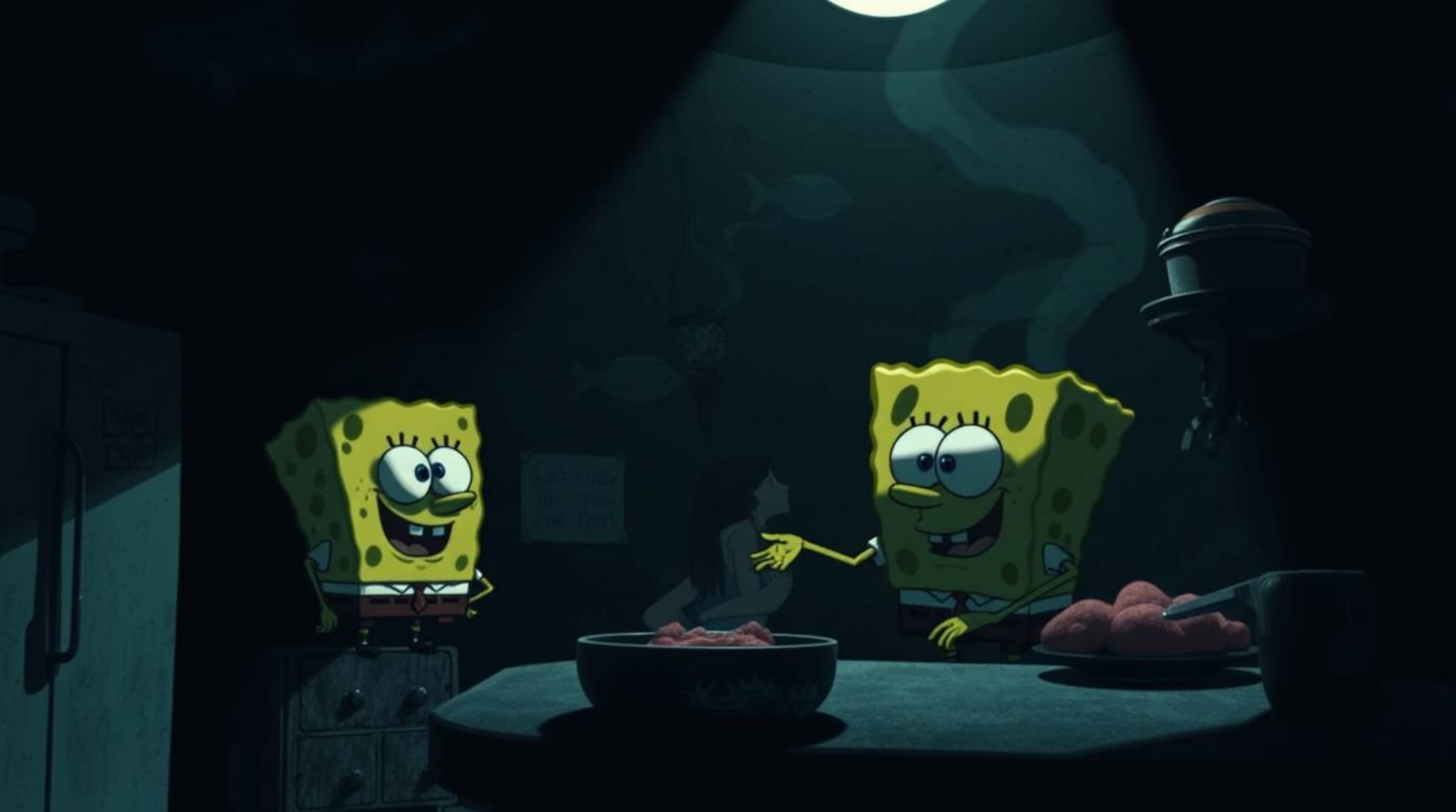 A captivating image showcases a sponge character immersed in the culinary arts within a mysterious underwater kitchen.  The s