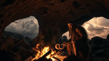 Captured in a surreal infrared-toned cave, a caveman, deeply engrossed in the moment, meticulously cooks mammoth meat over a 