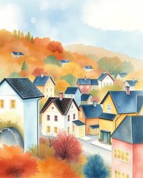 A captivating watercolor painting depicting a sleepy town nestled amongst pastel-colored houses bathed in the warm hues of au