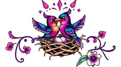 This art print features a symbolic traditional tattoo design showcasing two cartoon birds diligently building a nest in a cla
