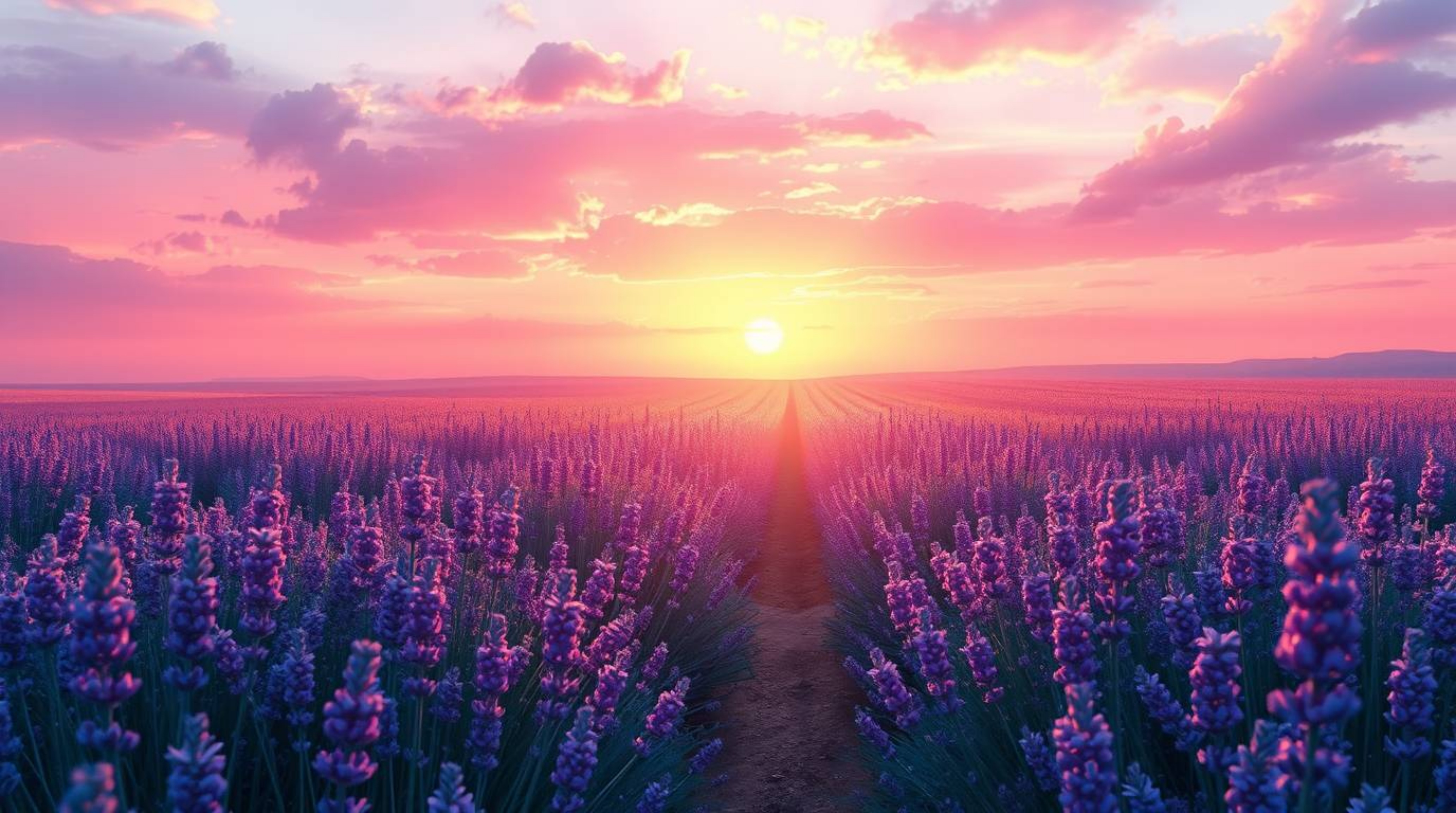 A dreamy digital painting showcases a vibrant lavender field bathed in the warm, golden light of either a stunning sunrise or