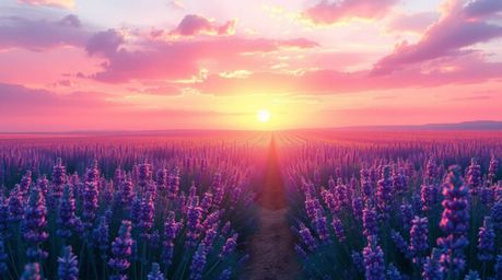 A dreamy digital painting showcases a vibrant lavender field bathed in the warm, golden light of either a stunning sunrise or