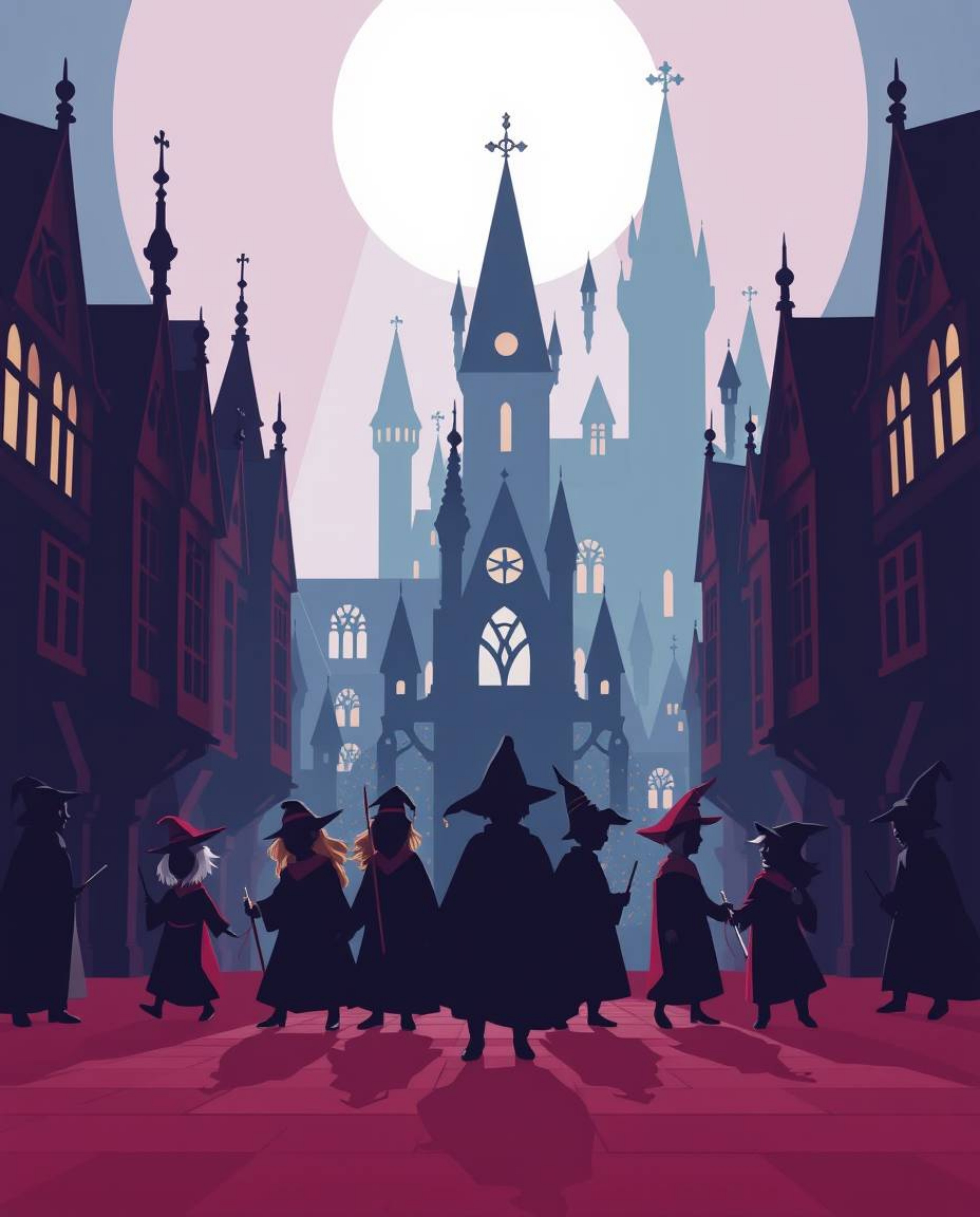 Explore a magical school brimming with young wizards, depicted in a contemporary flat design style. The scene is silhouetted 