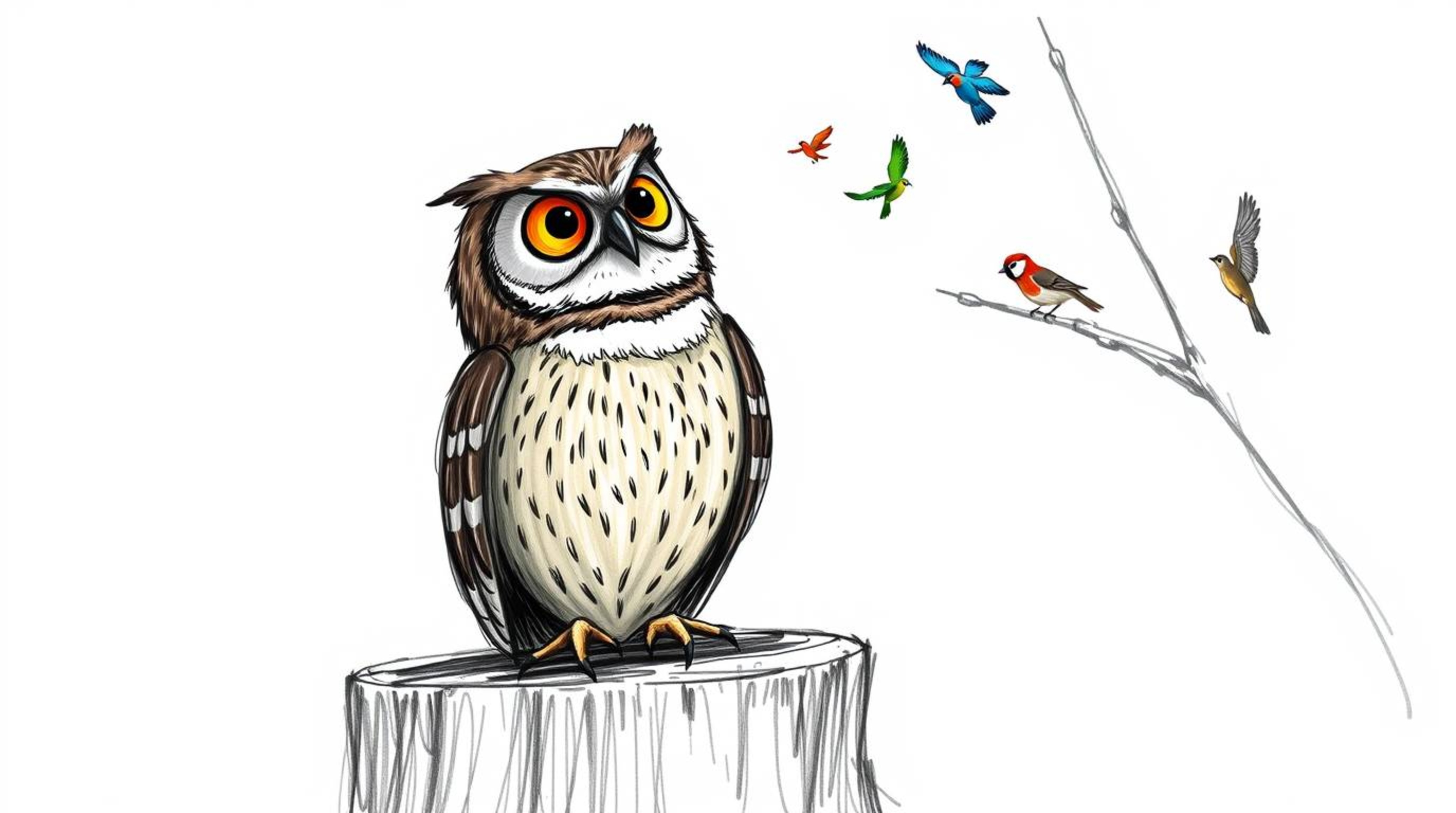A heartwarming scene depicts a blind owl, rendered in a charming, hand-drawn Pixar style sketch, perched on a tree stump. Wit