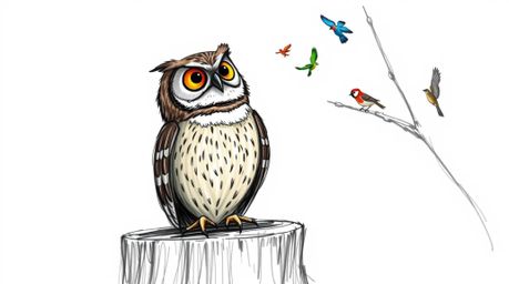 A heartwarming scene depicts a blind owl, rendered in a charming, hand-drawn Pixar style sketch, perched on a tree stump. Wit