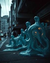 This collection showcases candid street photography capturing surreal 3D fluid shapes that resemble melted glass in a hyperre