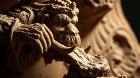 Experience the primal world with this sculptural clay art piece, featuring an extreme macro close-up of a caveman cooking mam