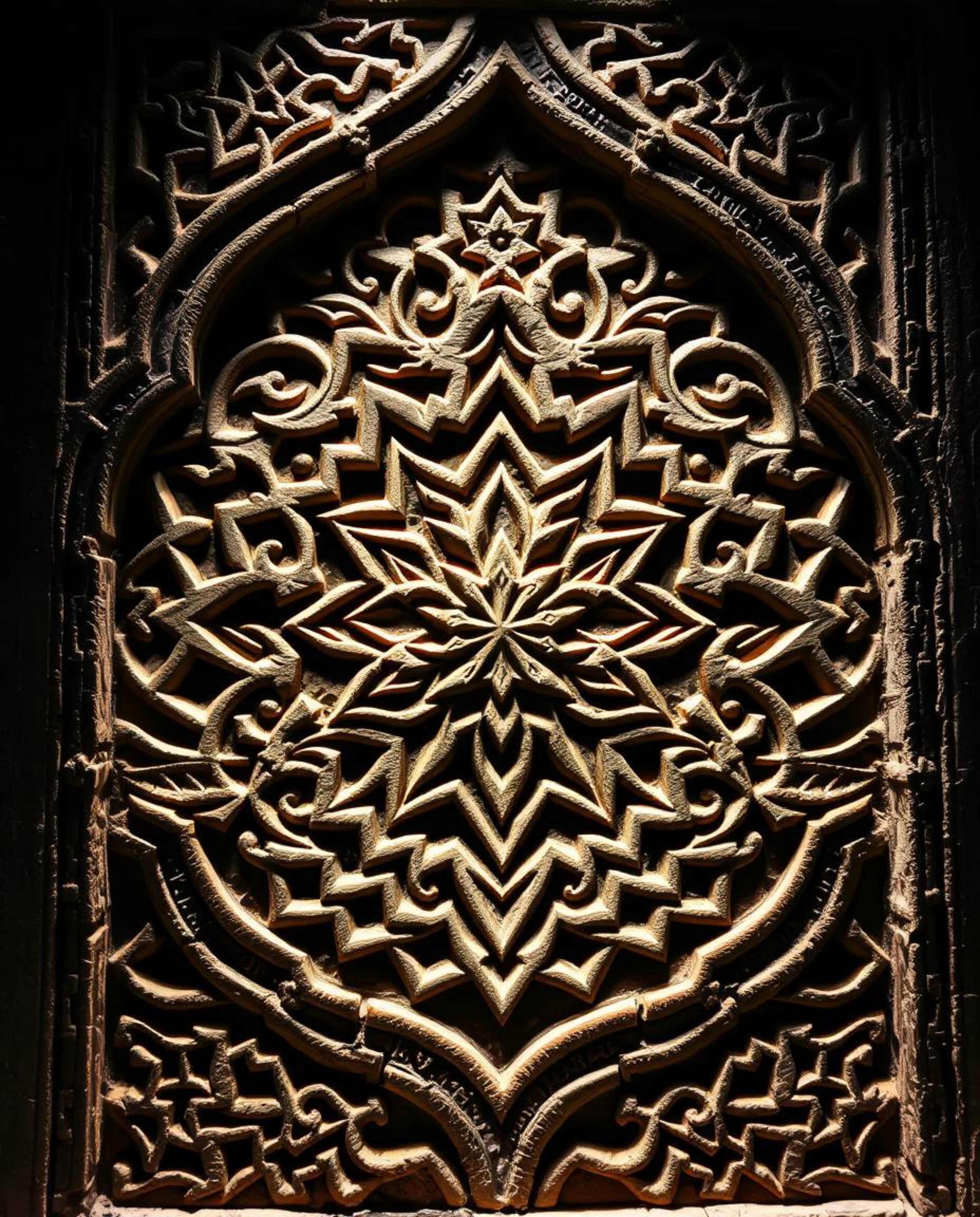 Exquisite Islamic geometric patterns meticulously carved in stone are brought to life through intense, dramatic lighting, cre