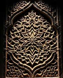 Exquisite Islamic geometric patterns meticulously carved in stone are brought to life through intense, dramatic lighting, cre