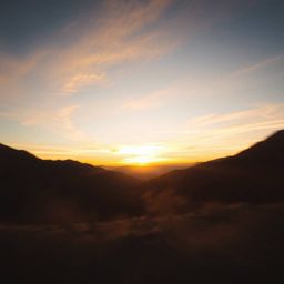 Experience the breathtaking beauty of a dynamic sunset over a serene mountain valley.  Volumetric lighting illuminates the sc