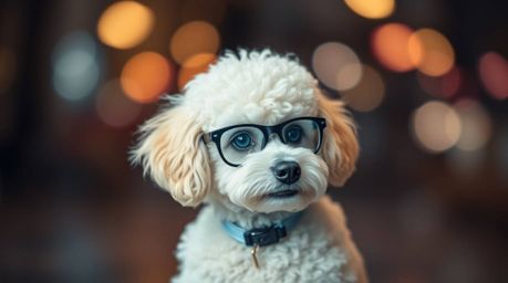 Dive into a dreamlike world where a mystical white poodle detective, with captivating dreamy eyes and fluffy fur, solves myst