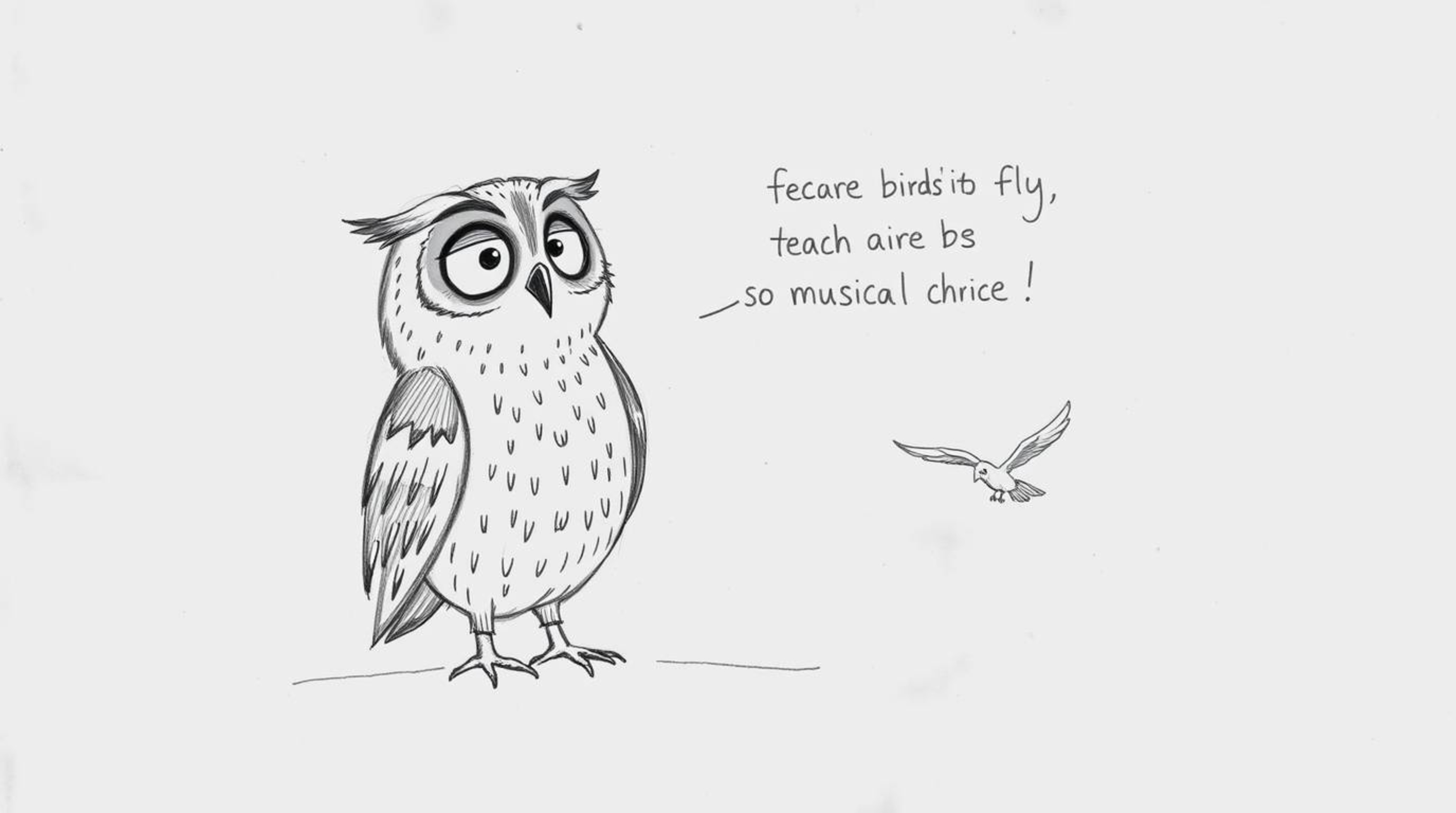 A charming hand-drawn sketch in the style of Pixar depicts a blind owl with textured pencil strokes and rough lines, impartin