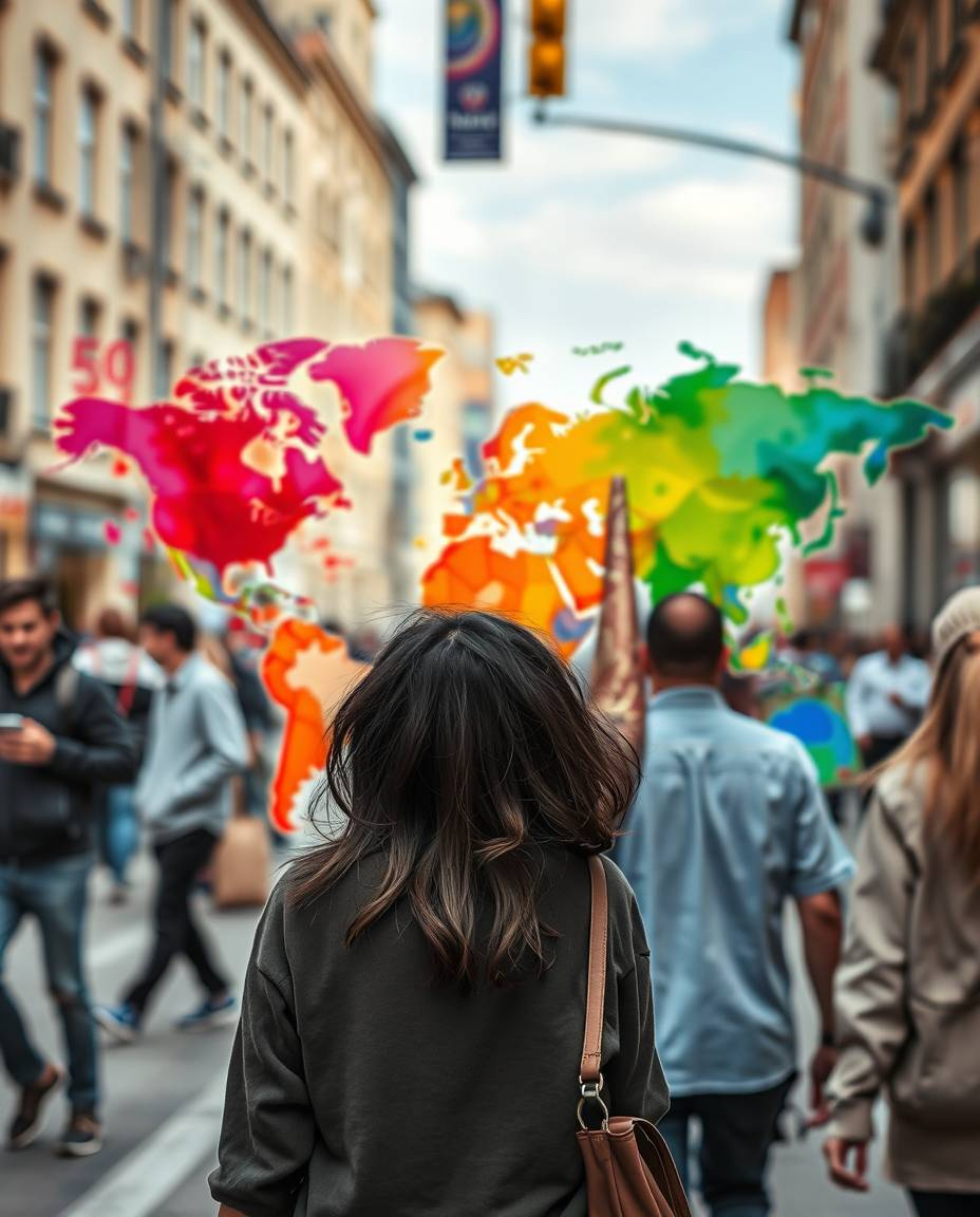 This candid street photography series captures a vibrant world map ingeniously formed by bright, colorful splashes within an 