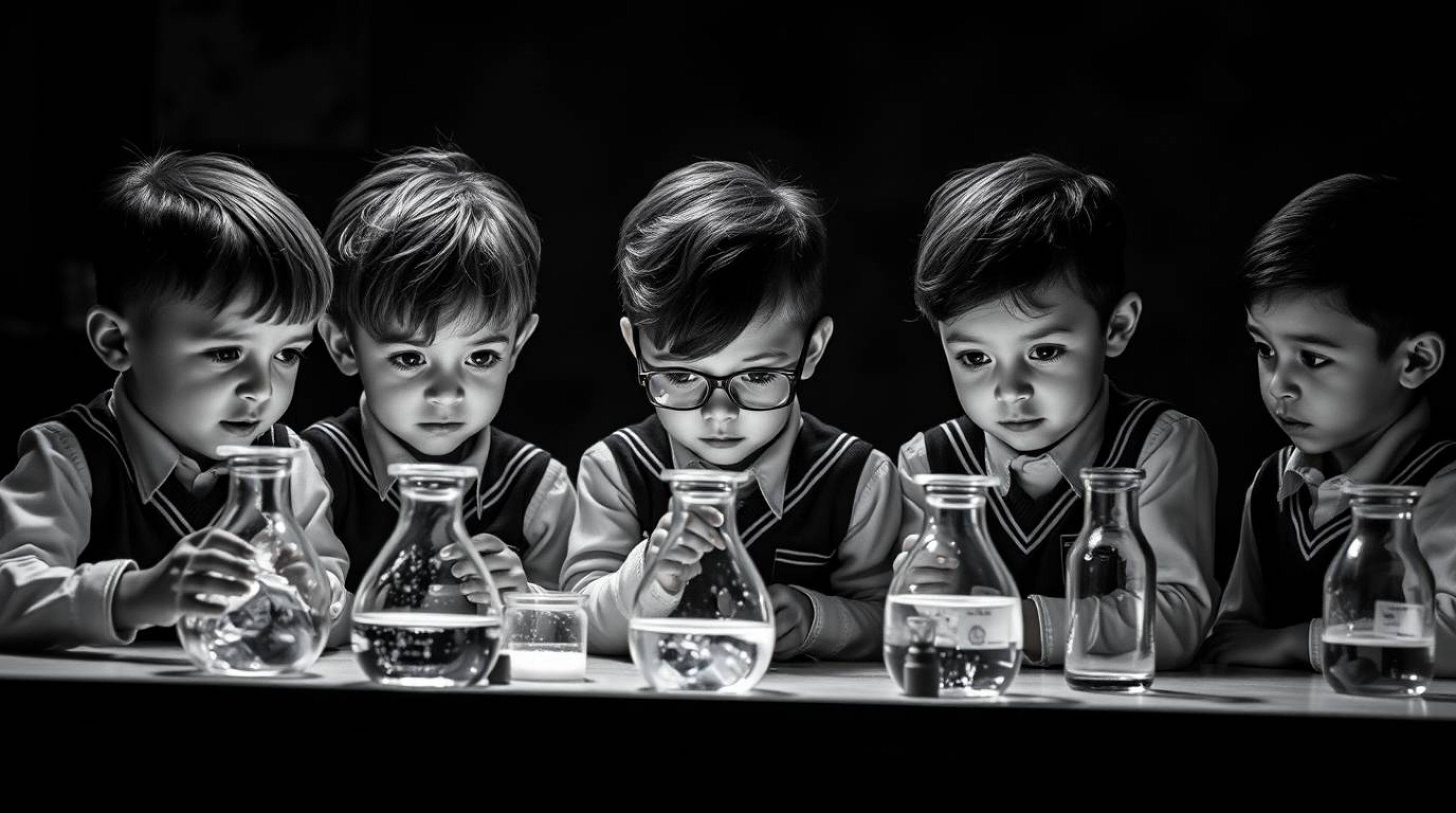 A captivating black and white photograph showcases a group of quirky children in their school uniforms, deeply engrossed in c