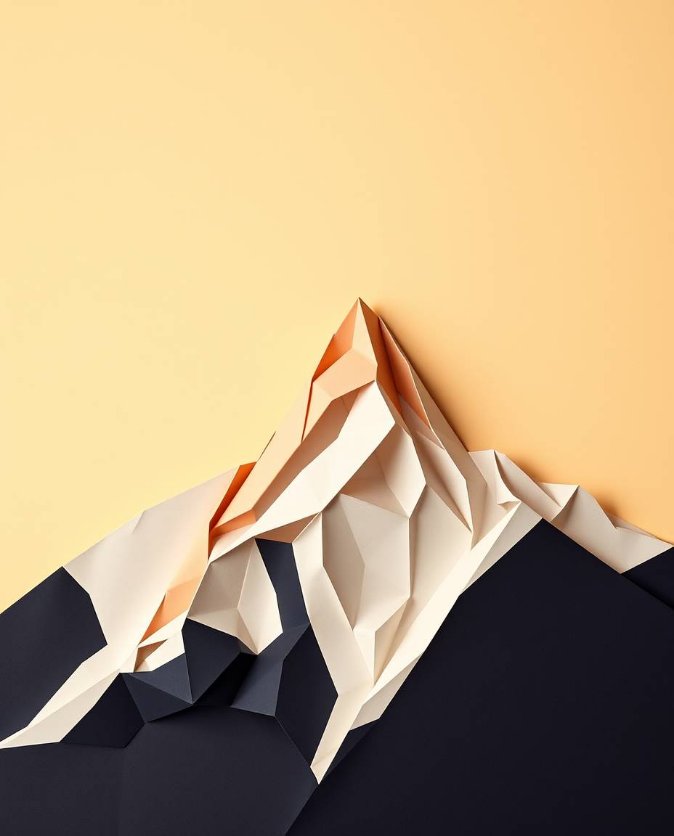 This artwork depicts a high-alpine peak sunset in an origami style, featuring a distinct folded paper aesthetic. The piece is