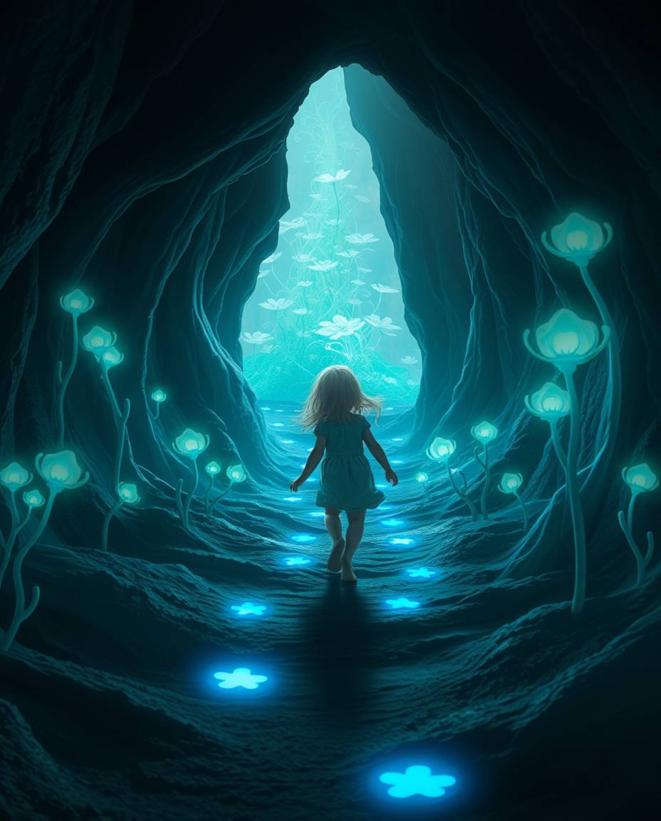 A dreamlike and surreal scene unfolds, depicting a fair-skinned child with flowing hair embarking on an enchanting adventure.