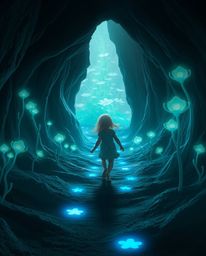 A dreamlike and surreal scene unfolds, depicting a fair-skinned child with flowing hair embarking on an enchanting adventure.