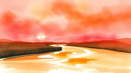 A captivating watercolor painting depicts a winding river bathed in the warm glow of a dramatic orange and pink sunset.  Tran
