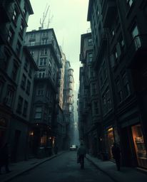 Explore a captivating surreal street scene where buildings twist and fold in a dreamlike state.  High contrast, low-key light