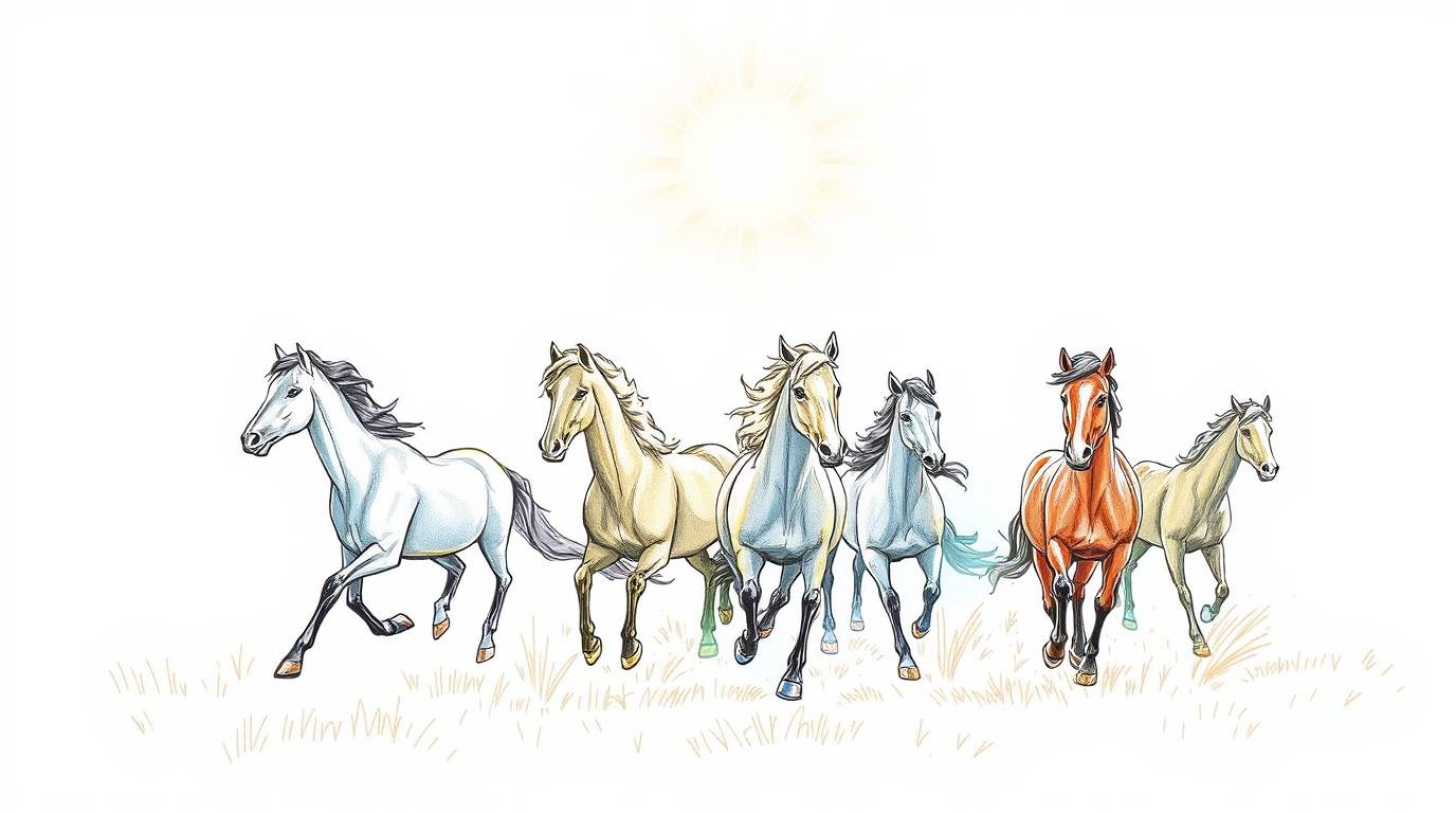 A vibrant hand-drawn sketch captures the energy of a herd of wild horses running beneath a glowing sky. Bright lens flares st